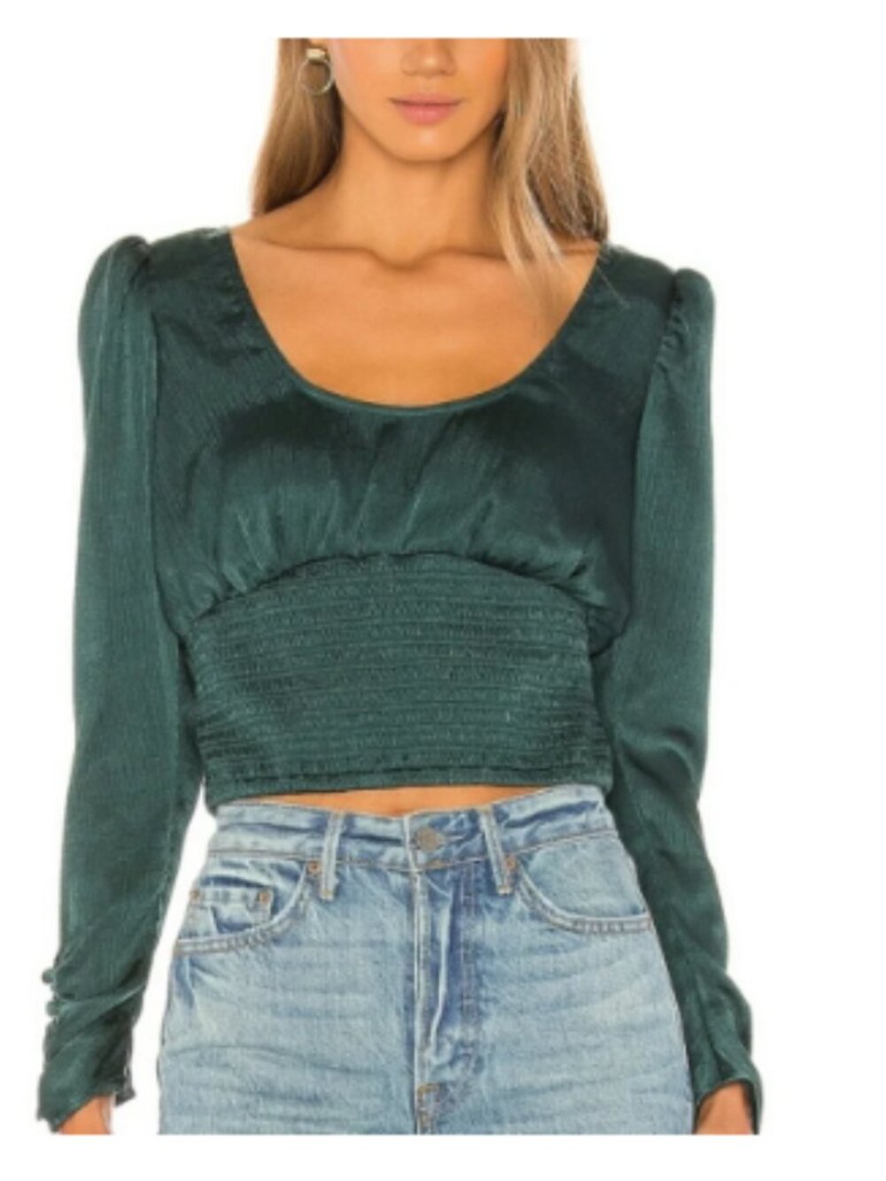 Free People Santiago Satin blouse/ Top Evergreen Medium Long Sleeve